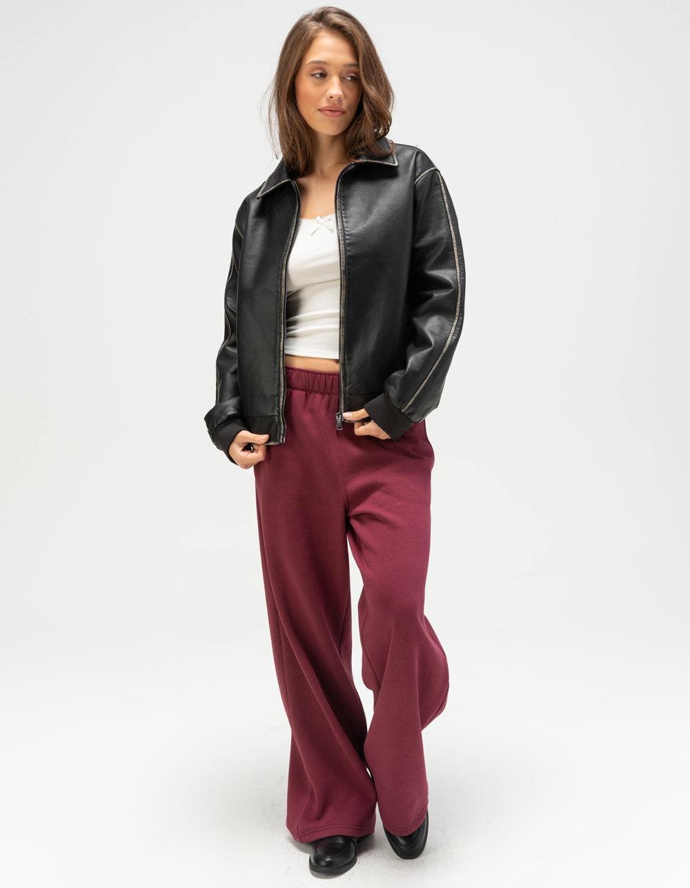 RSQ Womens Distressed Faux Leather Dad Jacket - BLACK Product Image