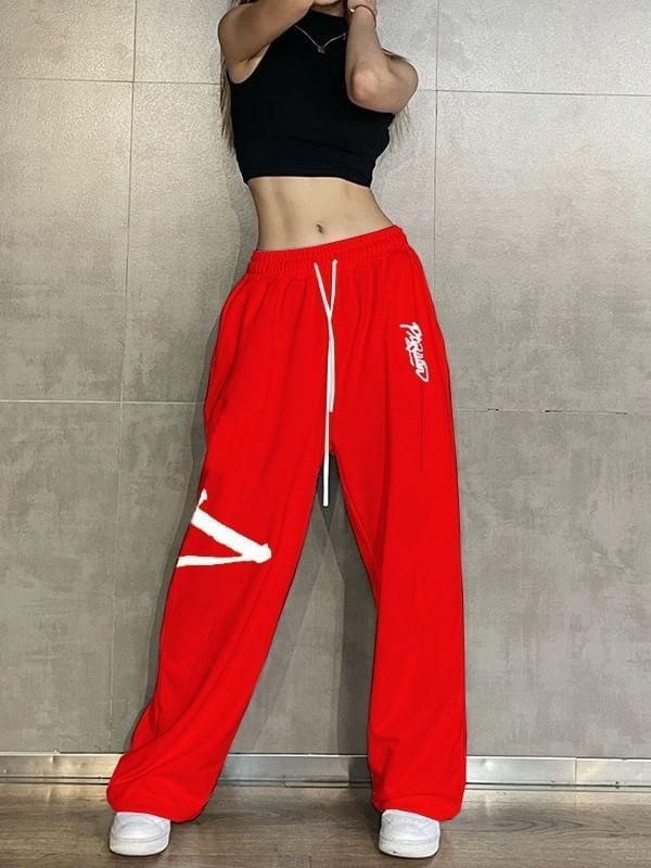 Drawstring Waist Lettering Print Wide Leg Sweatpants Product Image