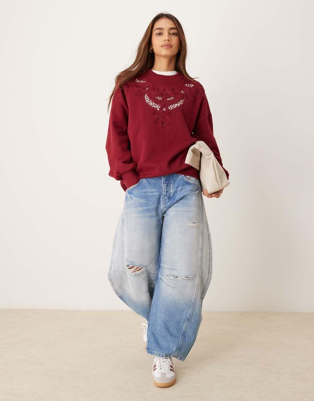 Miss Selfridge embroidery cut out detail sweatshirt in burgundy Product Image