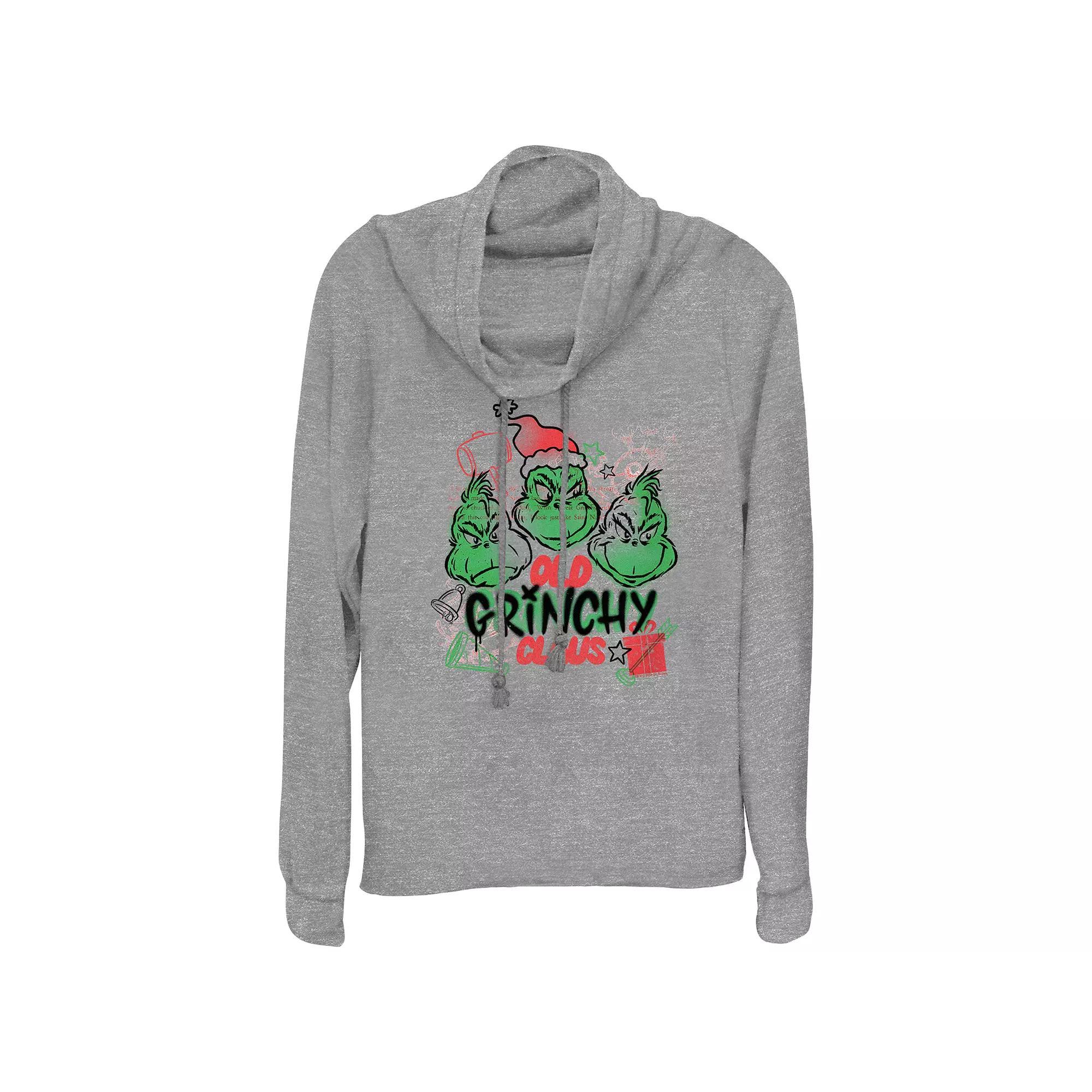Womens Dr. Seuss Old Grinchy Claus Cowlneck Graphic Lightweight Long Sleeve Gray Grey Product Image