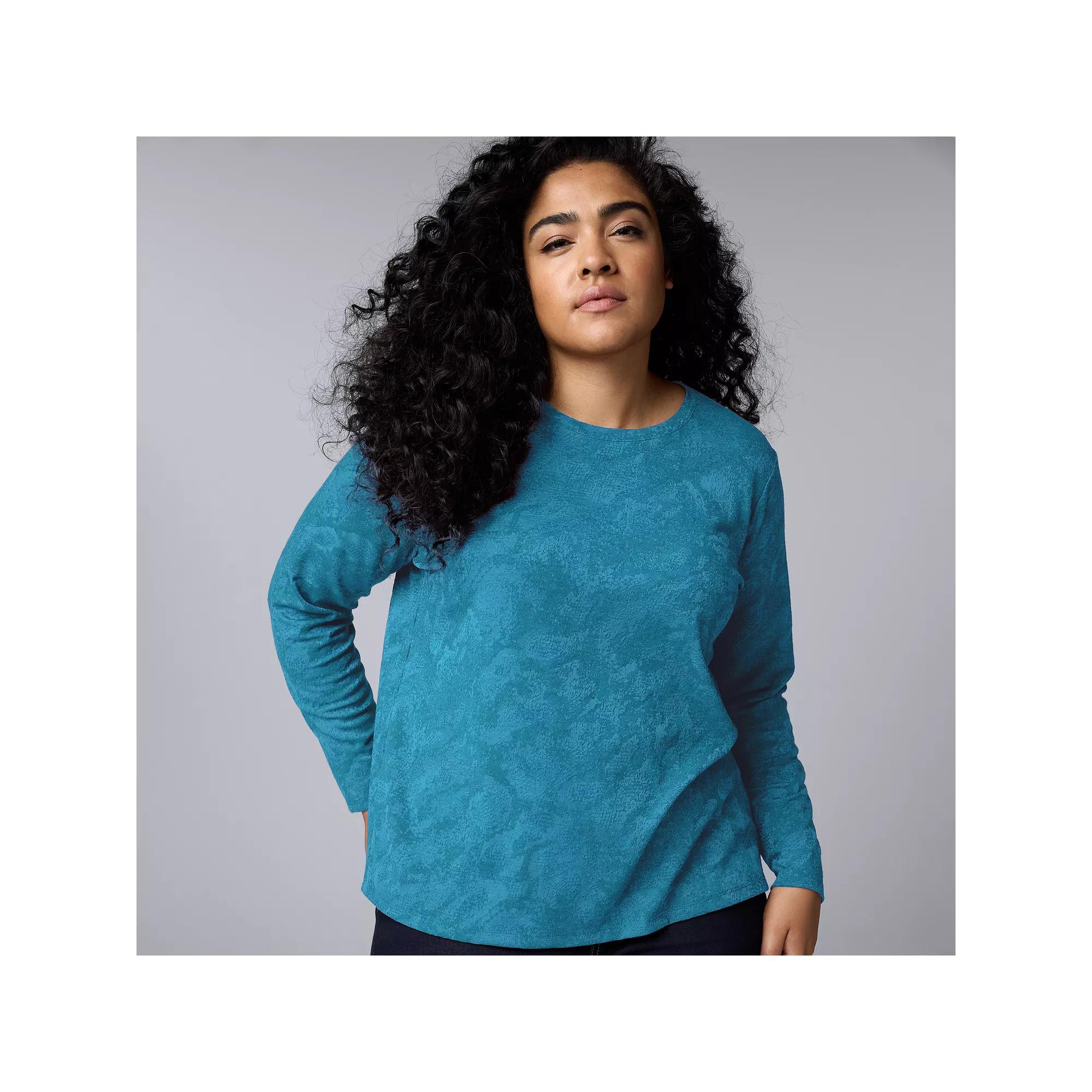 Plus Size Simply Vera Vera Wang Long Sleeve Crewneck T-Shirt, Women's, Size: 3XL, Med Coastline Grey Product Image