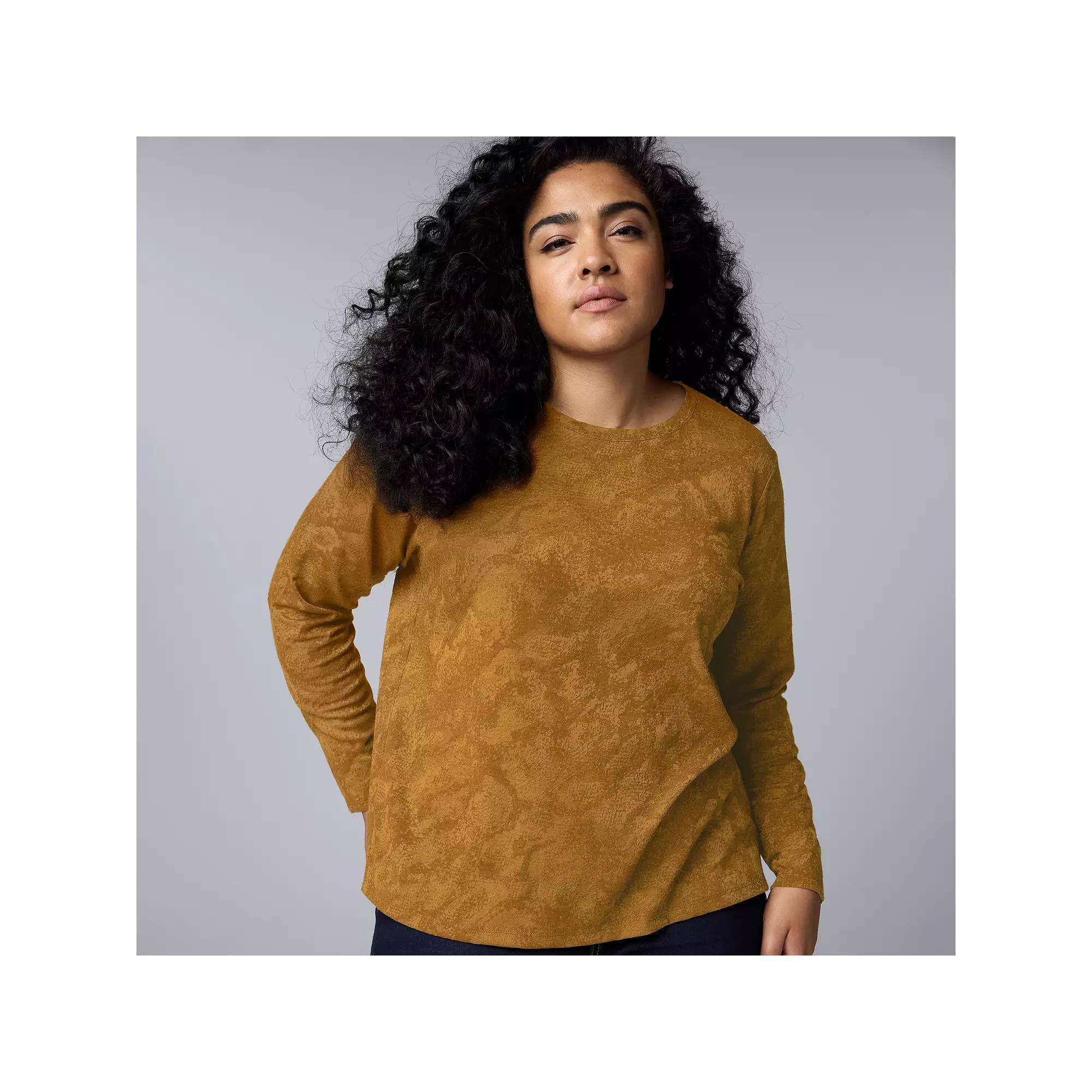 Plus Size Simply Vera Vera Wang Long Sleeve Crewneck T-Shirt, Womens Medium Bronze Grey Product Image