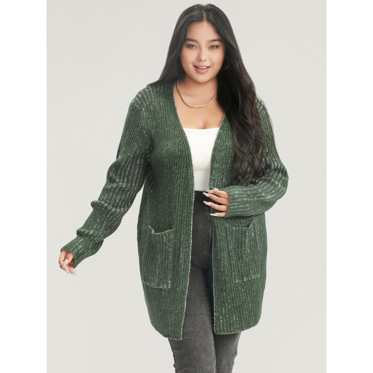 Plus Size Solid Pointelle Knit Heather Rib Knit Open Front Cardigan ArmyGreen Women Casual Loose Long Sleeve Work Cardigans BloomChic 28/5X Product Image
