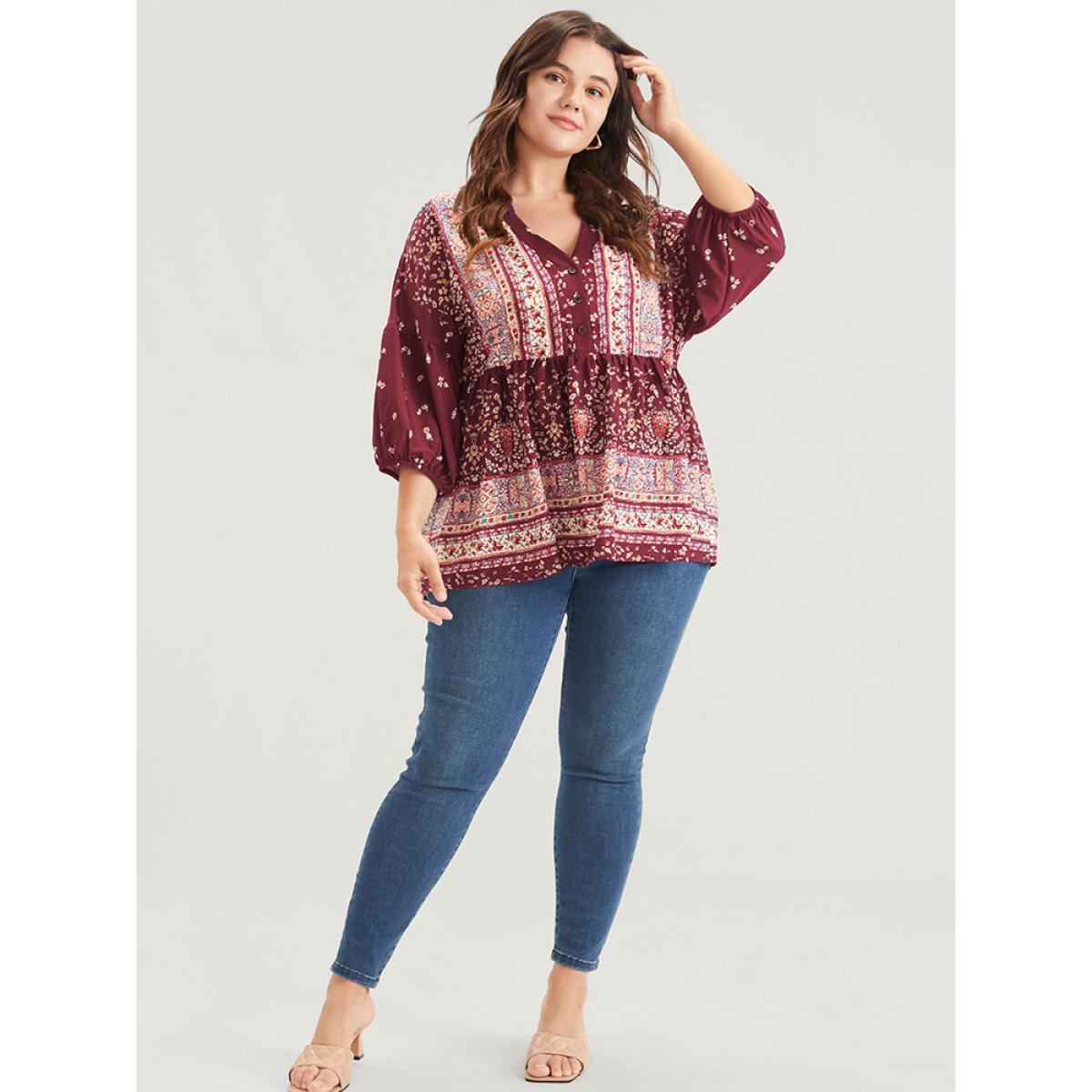 Plus Size Burgundy Bandana Button Lantern Sleeve Ruffles Blouse Women Vacation Elbow-length sleeve V-neck Dailywear Blouses BloomChic 14-16/1X Product Image
