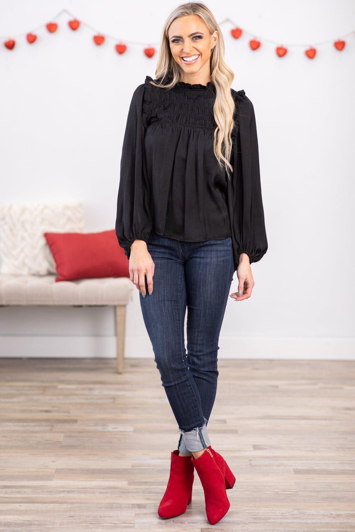 Black Smocked Yoke Balloon Sleeve Product Image