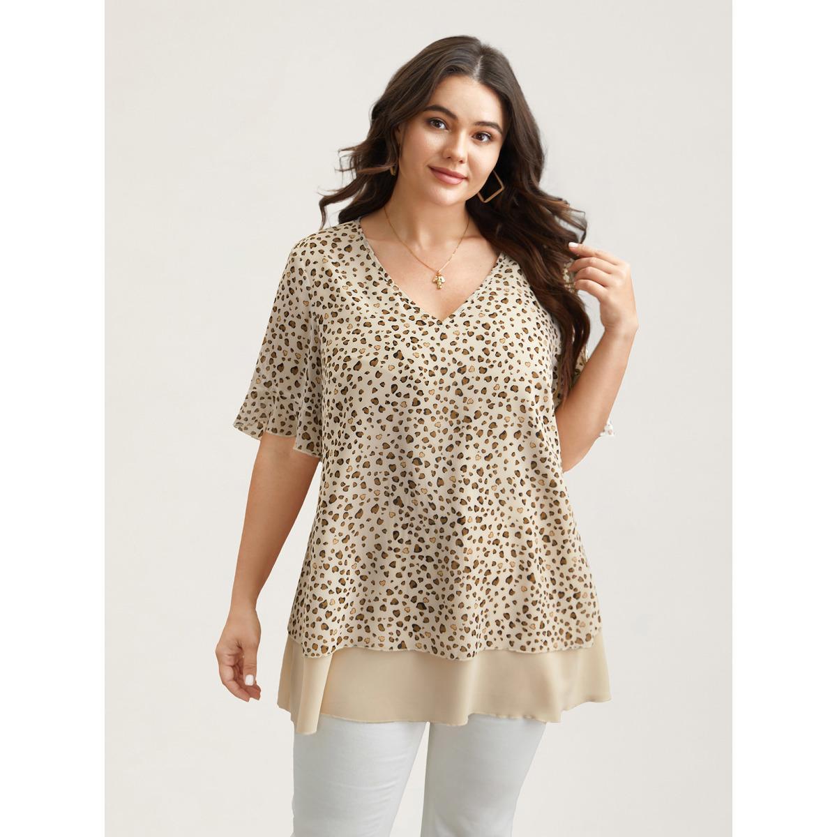 Plus Size LightBrown Polka Dot Print Ruffled V-Neck Layered Shirt Women Casual Half Sleeve V-neck Everyday Blouses BloomChic 18-20/2X Product Image
