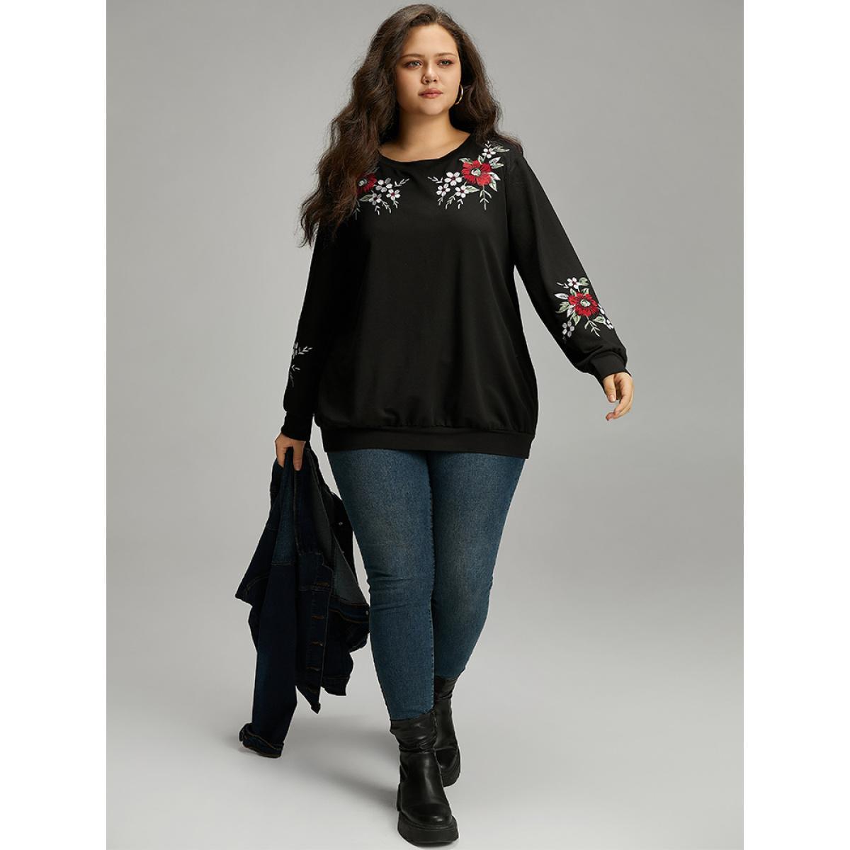 Plus Size Floral Embroidered Crew Neck Sweatshirt Women Black Casual Embroidered Round Neck Dailywear Sweatshirts BloomChic 22-24/3X Product Image