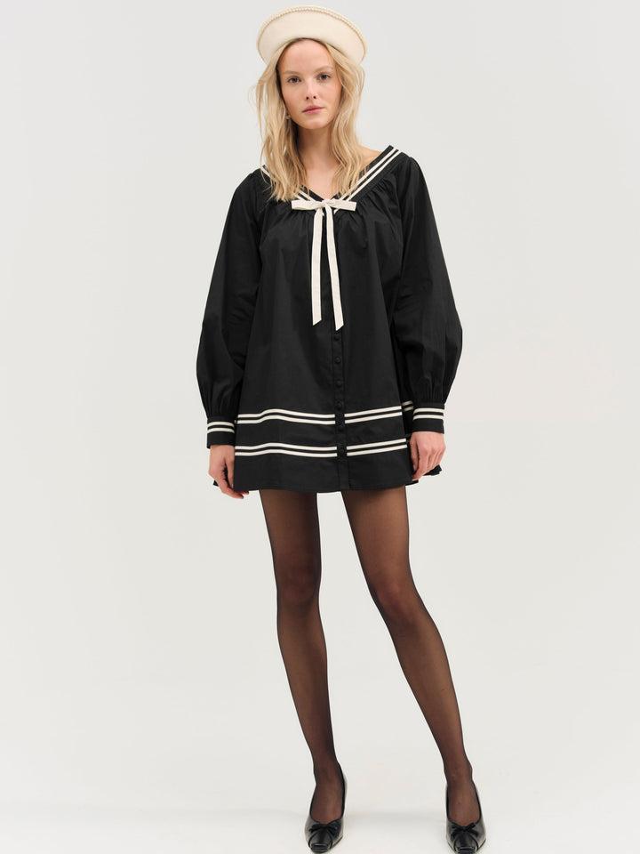 Helena Poplin Long Sleeve Mini Dress — Black Product Image