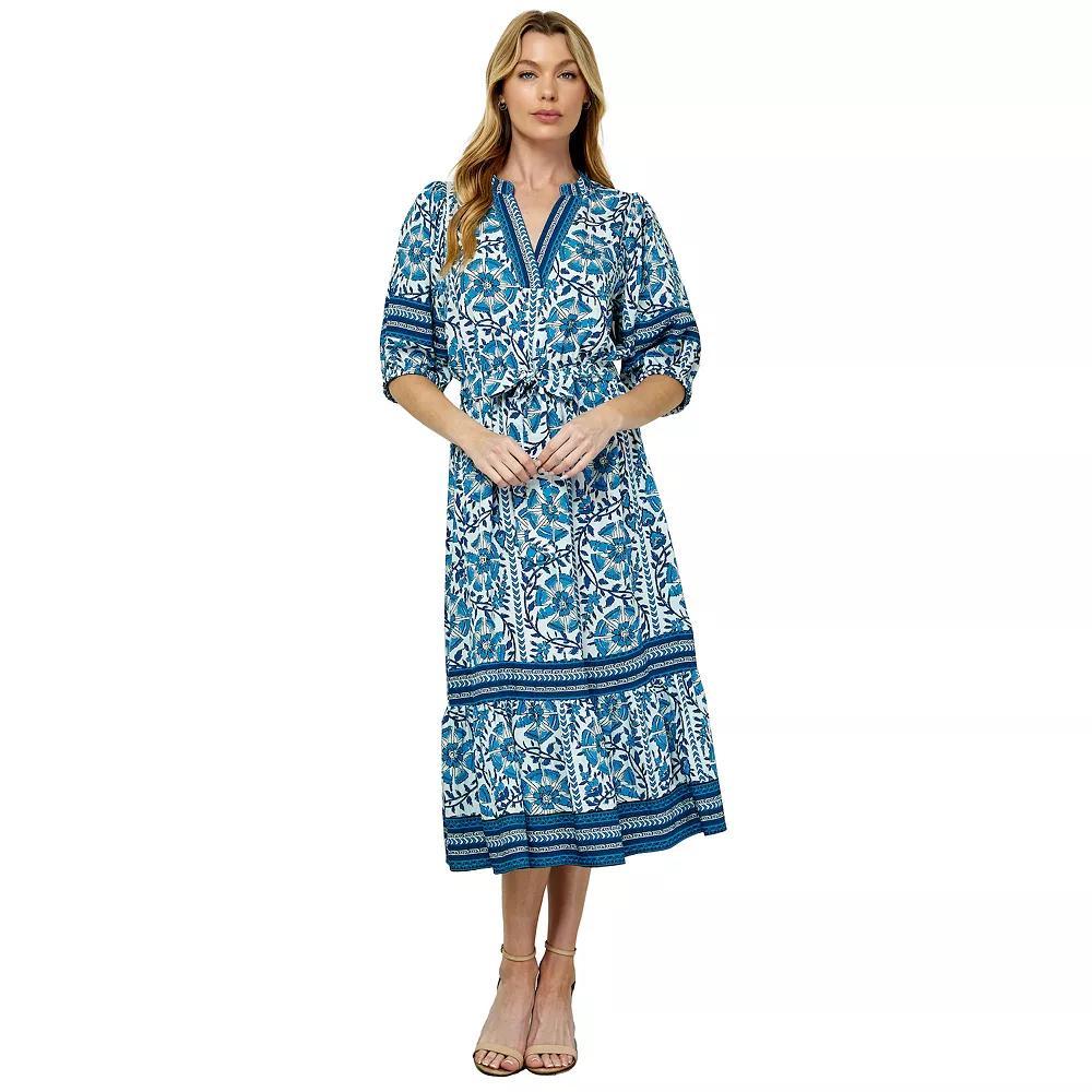 Women's Figueroa & Flower Printed Fit & Flare V-Neck Peasant Dress, Size: Medium, Blue White Product Image
