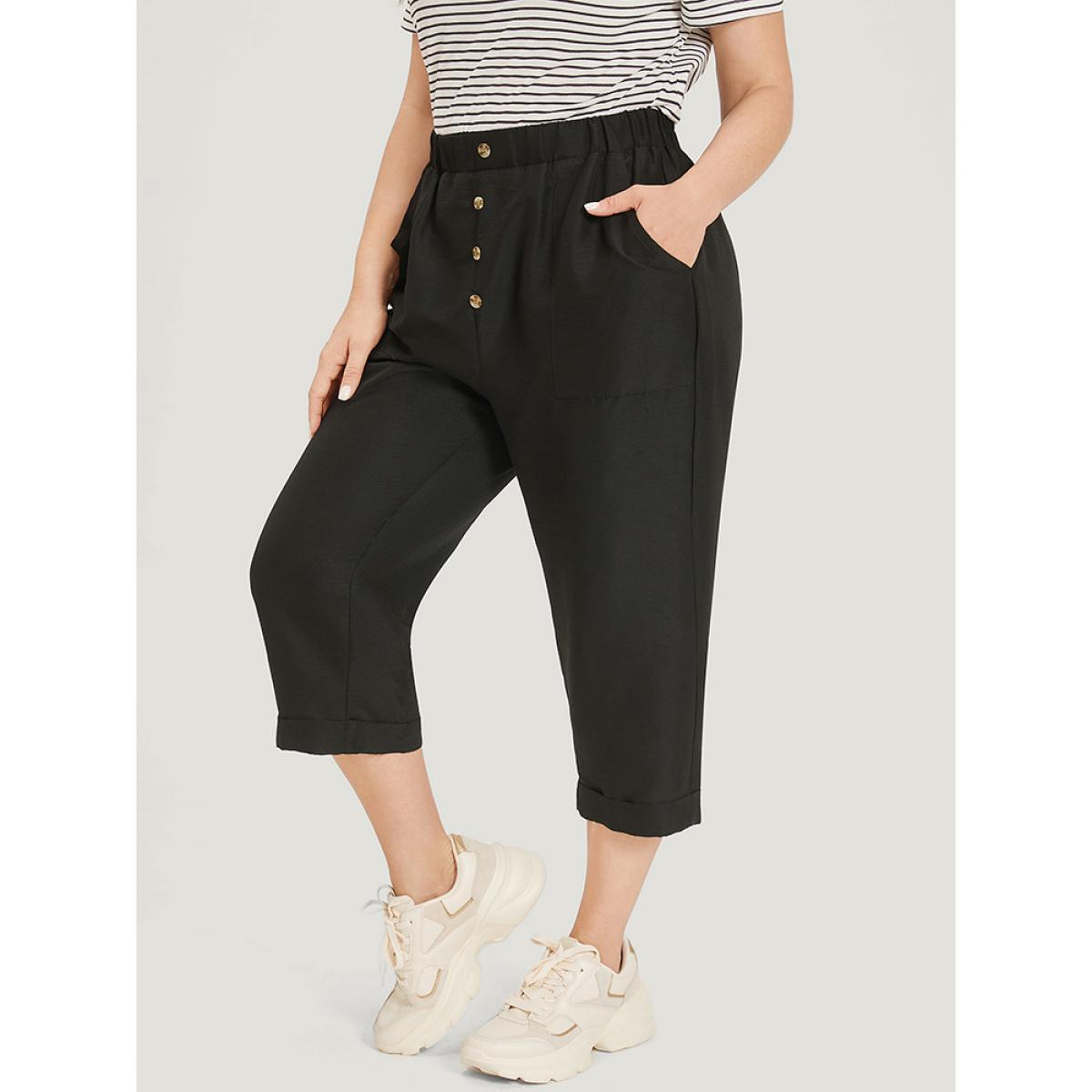 Plus Size Solid Pocket Button Detail Elastic Waist Pants Women Black Casual High Rise Dailywear Pants BloomChic 30/6X Product Image