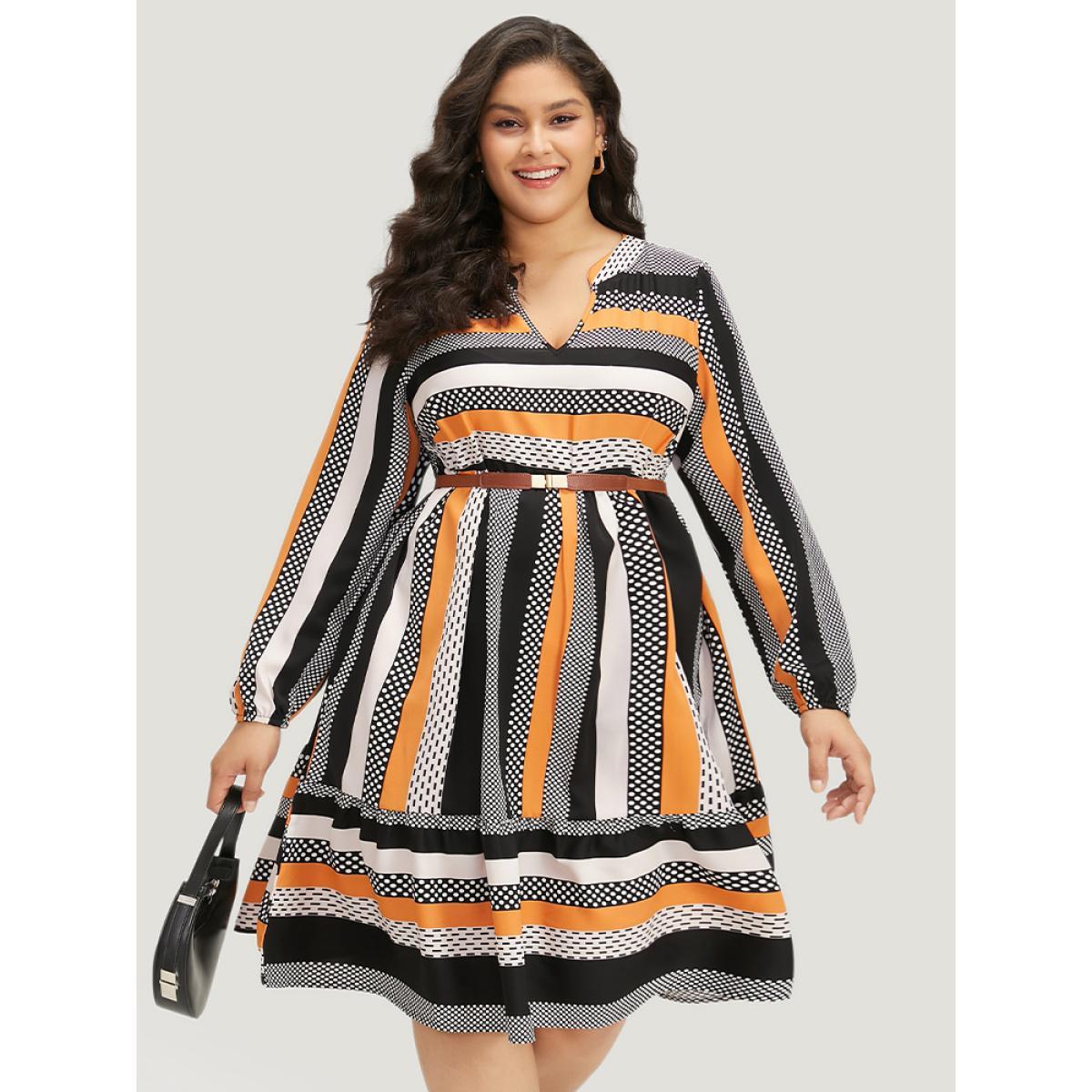 Plus Size Polka Dot & Striped Print Notched Pocket Dress Orange Women Office Elastic cuffs Notched collar Long Sleeve Curvy Midi Dress BloomChic 22-24/3X Product Image
