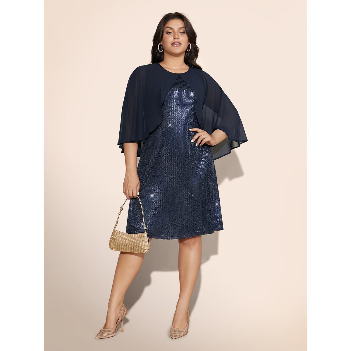Plus Size Sequin With Mesh Cape Dress Indigo Women Cocktail Texture Party Curvy Bloomchic 10/M Product Image