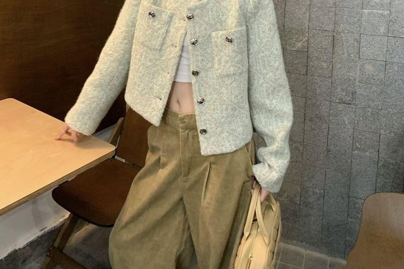 Round Neck Plain Cropped Tweed Jacket / Mid Rise Plain Wide Leg Pants Product Image