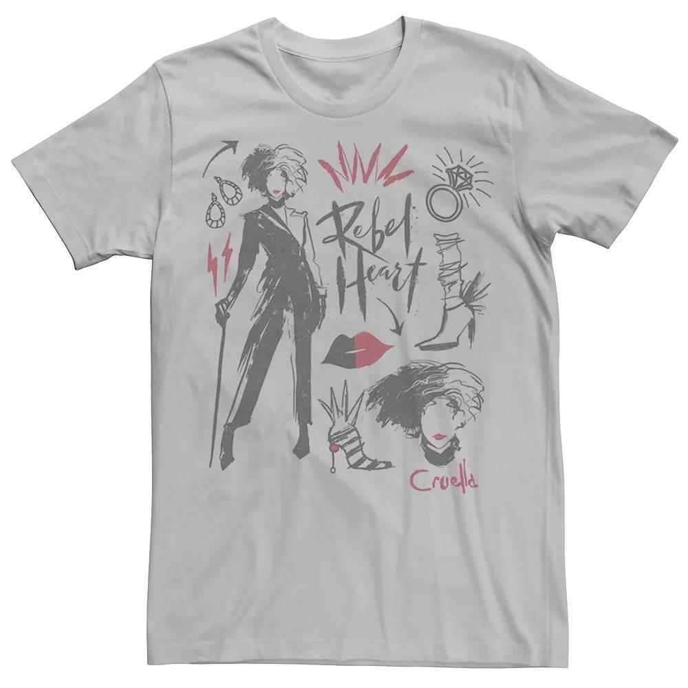 Disney's Cruella De Vil Men's Rebel Heart Collage Sketches Tee, Size: XL, White Product Image