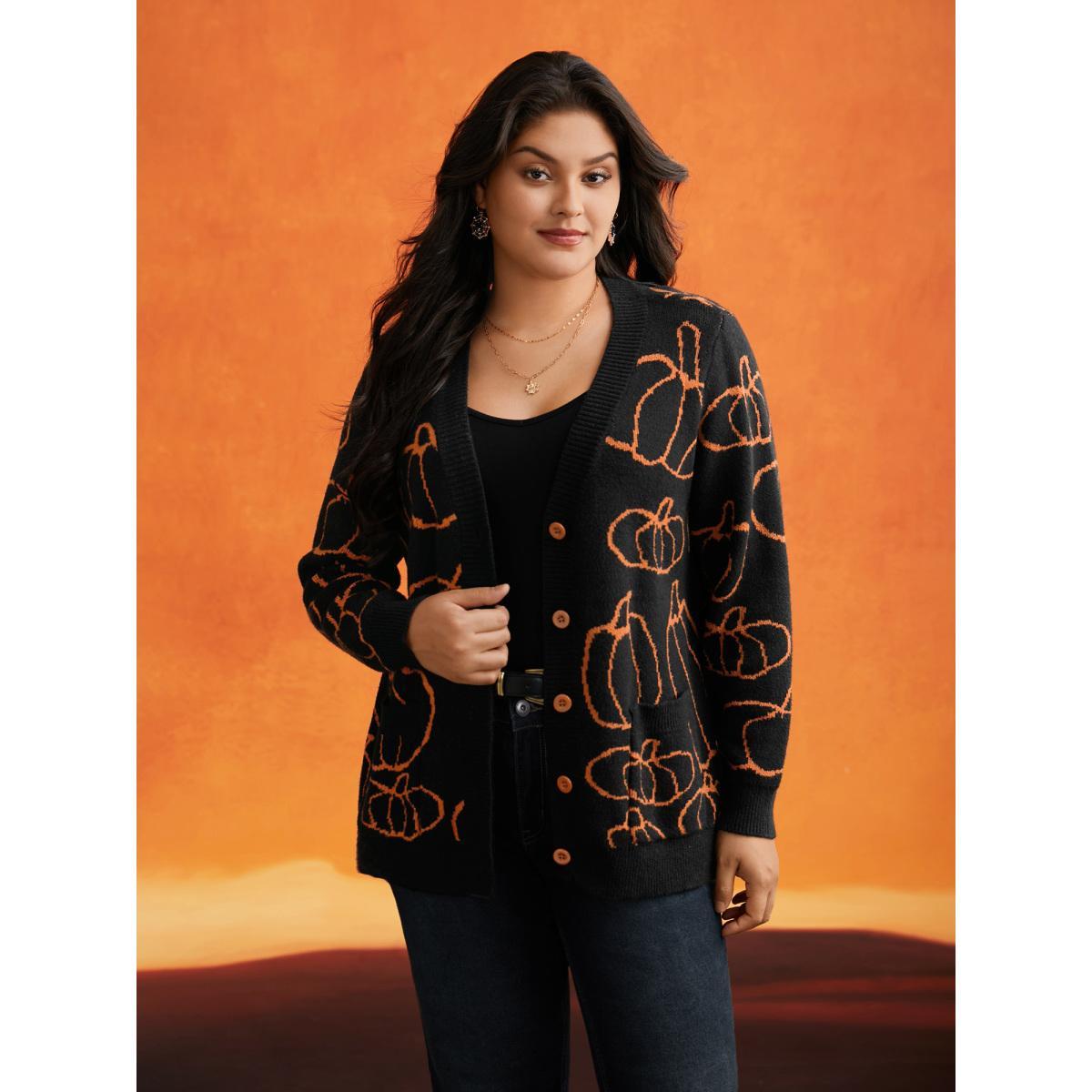 Plus Size Supersoft Essentials Pumpkin Printed Open Cardigan Black Women Casual Loose Long Sleeve Everyday Cardigans BloomChic 26/4X Product Image