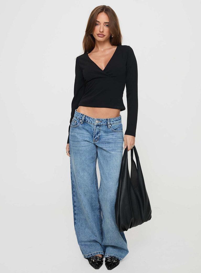 Aeva Long Sleeve Plunge Top Black Product Image