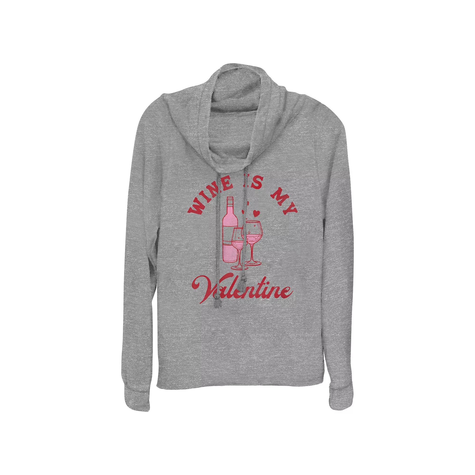 Women's Plus Wine Is My Valentine Cowlneck Graphic Lightweight Long Sleeve, Size: 1XL, Gray Grey Product Image