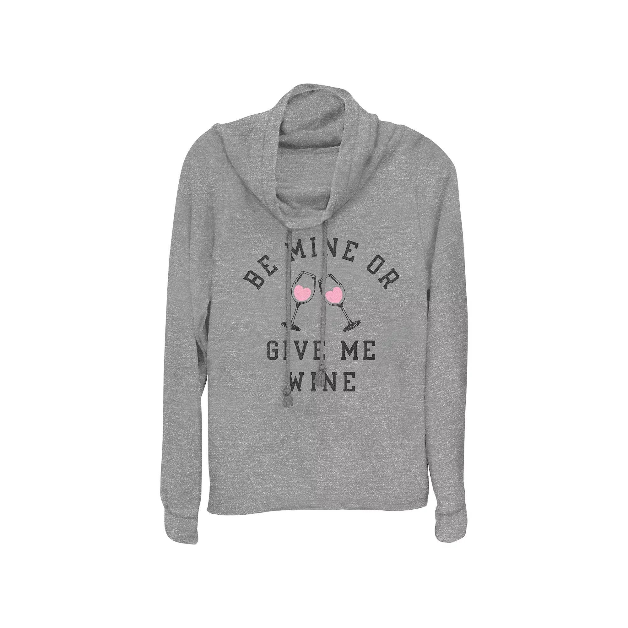Women's Be Mine Or Give Me Wine Cowlneck Graphic Lightweight Long Sleeve, Size: Small, Gray Grey Product Image