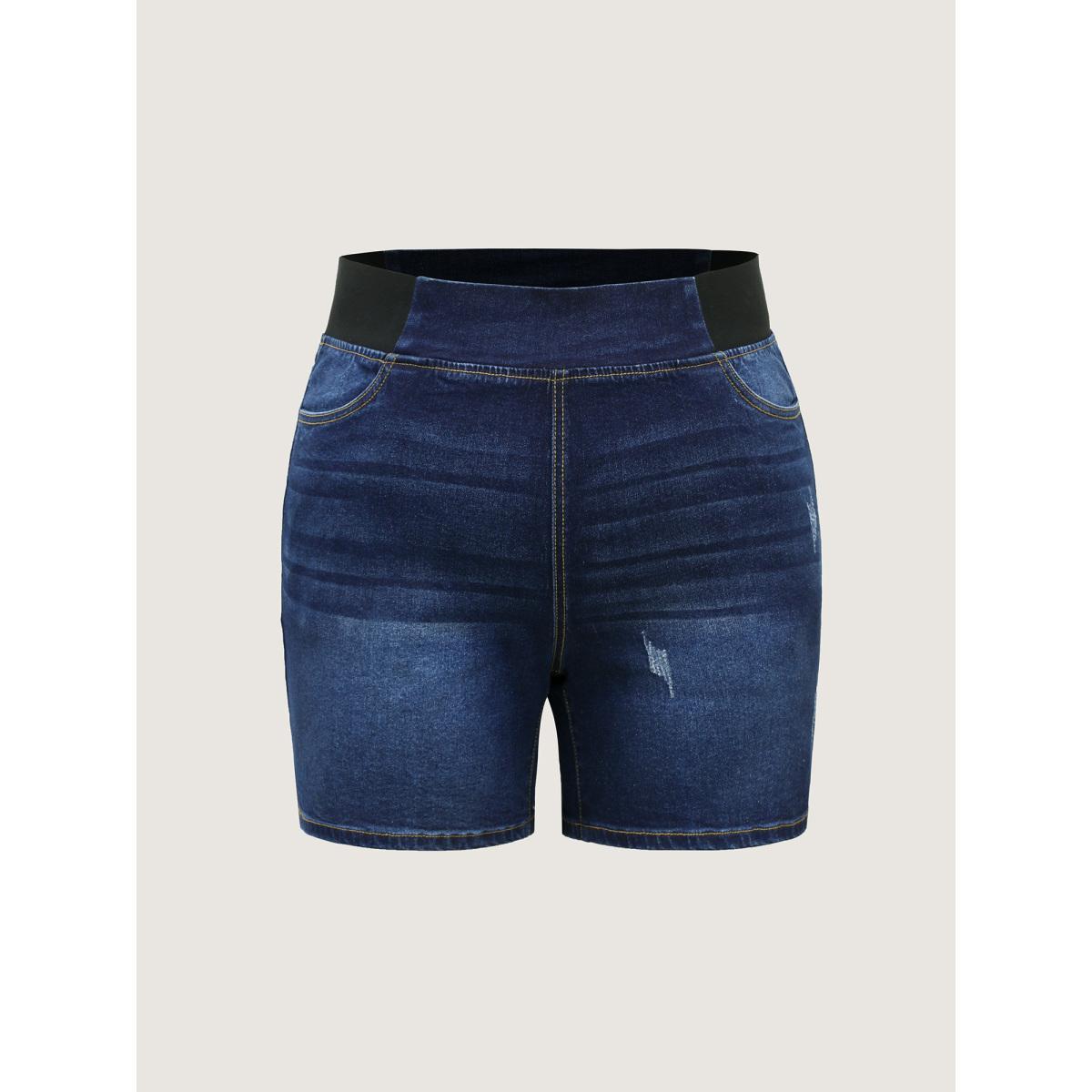 Plus Size Pull-On Stretchy Waist Denim Shorts Women Darkindigo Medium stretch Everyday-Casual Slanted pocket Denim Shorts BloomChic 14/1X Product Image