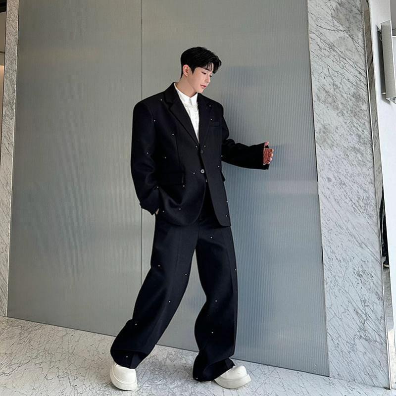 Set: Lapel Collar Single Breasted Blazer + Mid Rise Plain Wide Leg Dress Pants Product Image