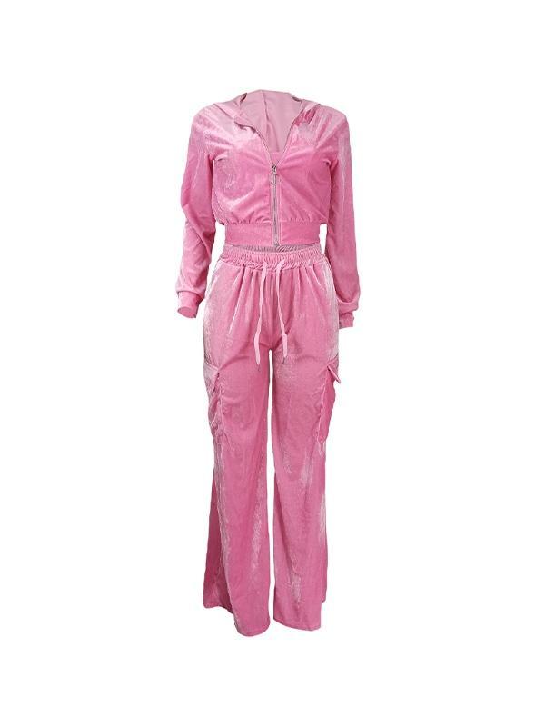 Solid Velvet Zip Up Hoodie & Flap Pocket Pants Set Product Image