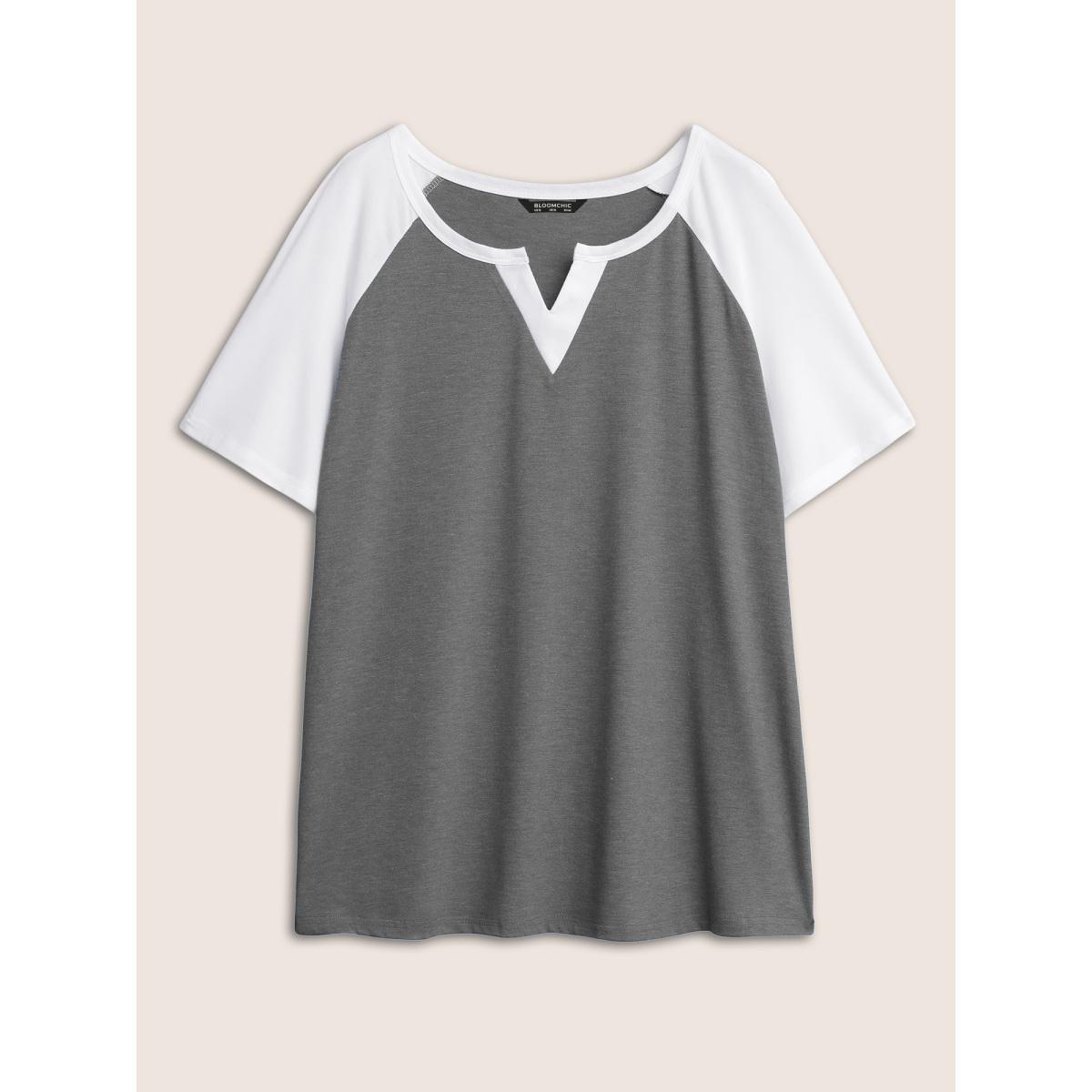 Plus Size Colorblock Contrast Notched Raglan Sleeve T-shirt DimGray Women Casual Plain Everyday T-shirts BloomChic 18-20/2X Product Image