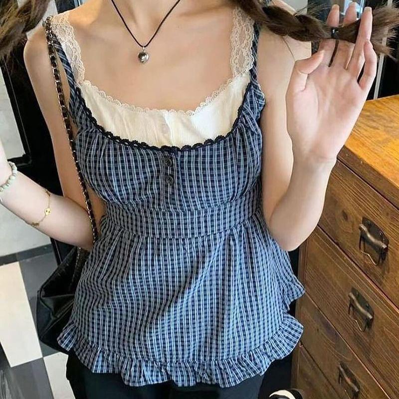 Mock Two Piece Square-Neck Lace-Trim Color-Block Checked Cami Top Product Image