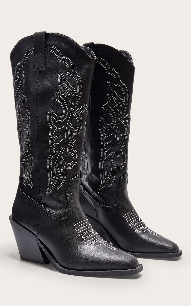 Black PU Point Toe Calf High Western Boots Product Image