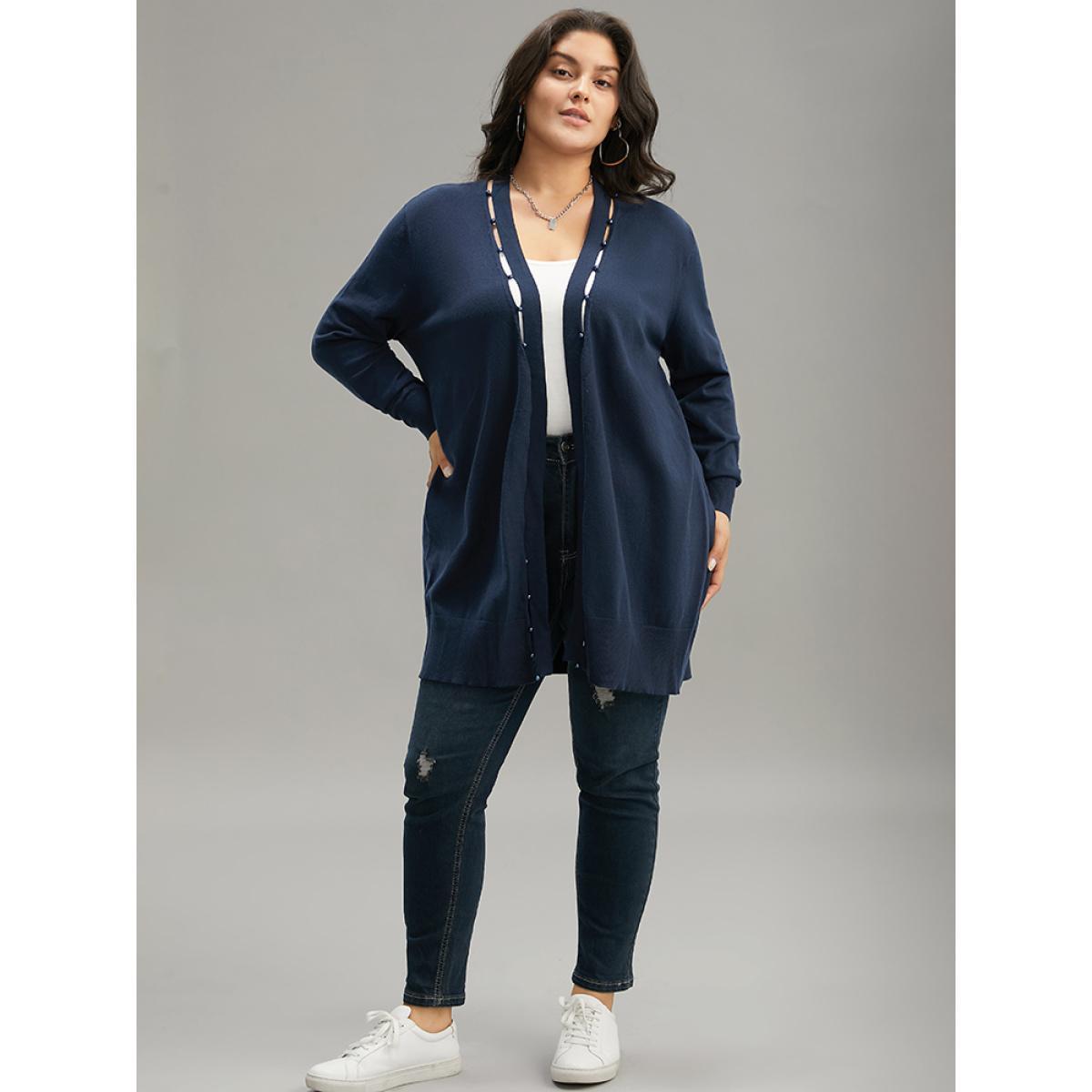 Plus Size Supersoft Essentials Plain Hollow Out Pearl Beaded Open Front Cardigan Indigo Women Casual Loose Long Sleeve Dailywear Cardigans BloomChic 14-16/1X Product Image