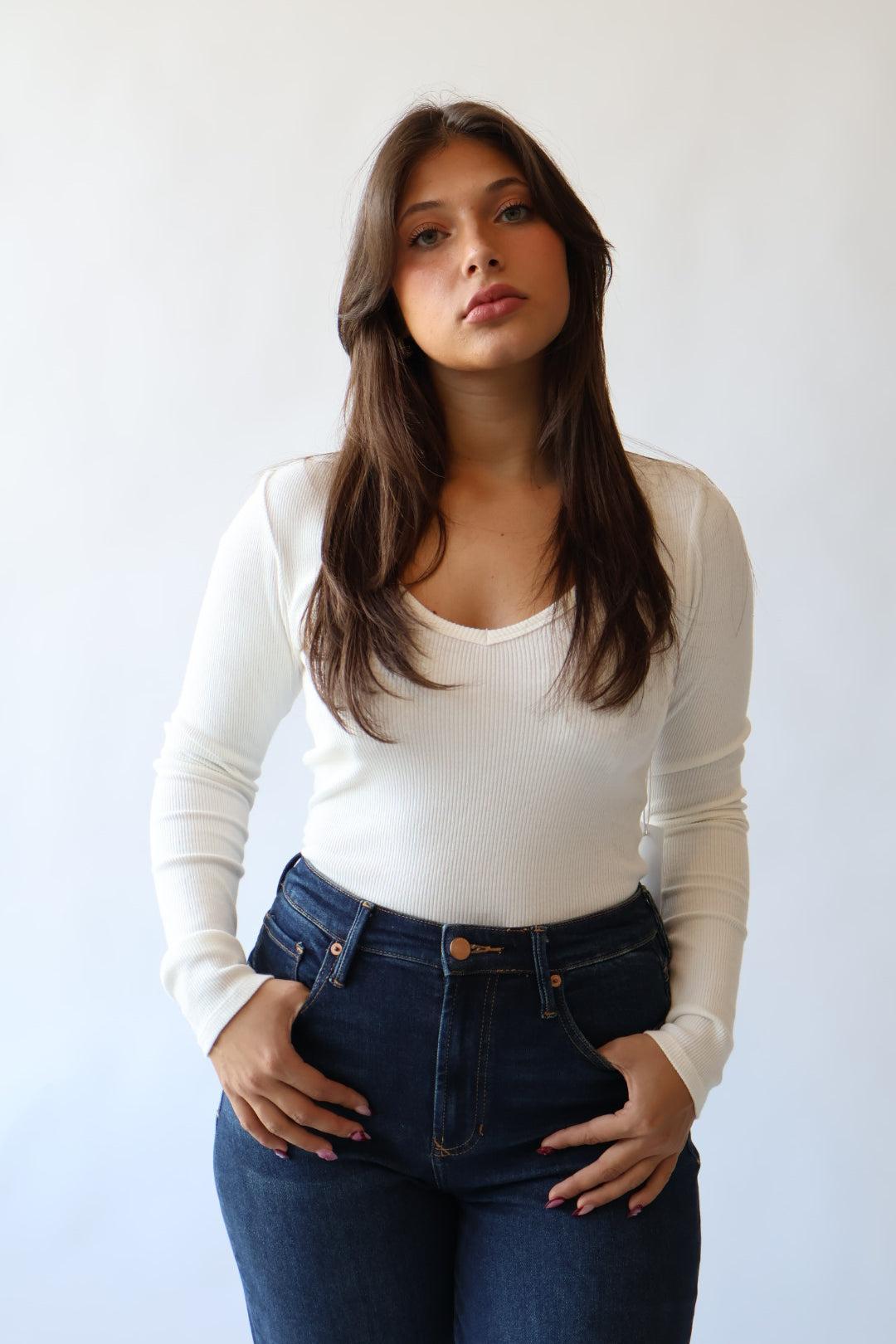 Marlowe Ribbed V Neck Fitted Top Product Image