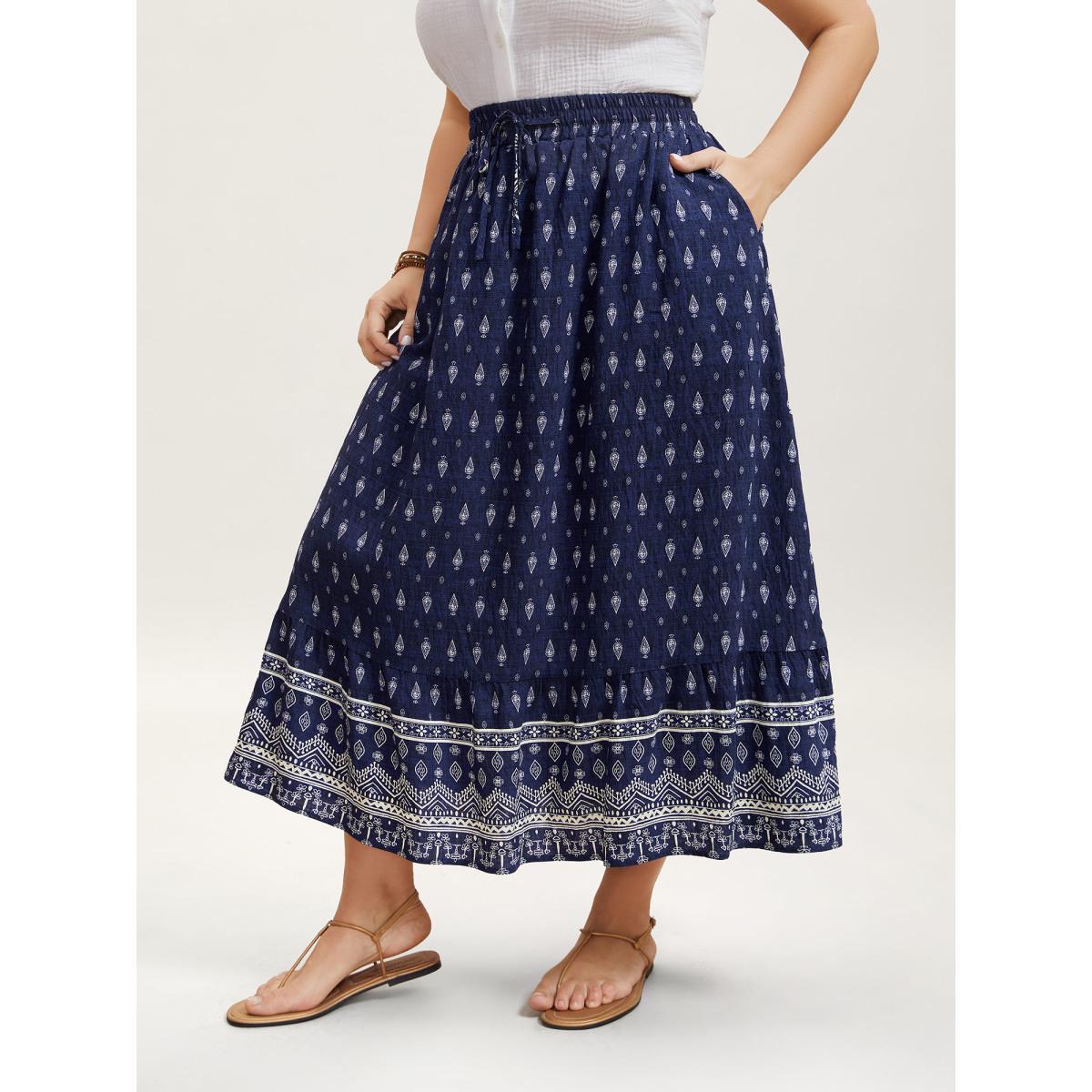 Plus Size Boho Print Pleated Drawstring Midi Skirt Women Indigo Resort Drawstring No stretch Slanted pocket Vacation Skirts BloomChic 18-20/2X Product Image