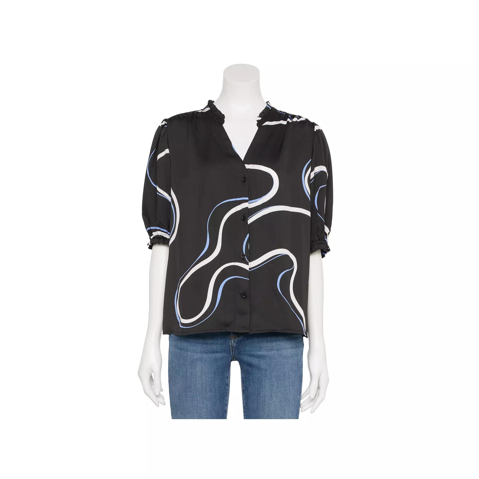 Women's Nine West Adaptive Short Sleeve Button Down Ruffle Shirt, Size: Small, Black Simple Swirl Product Image