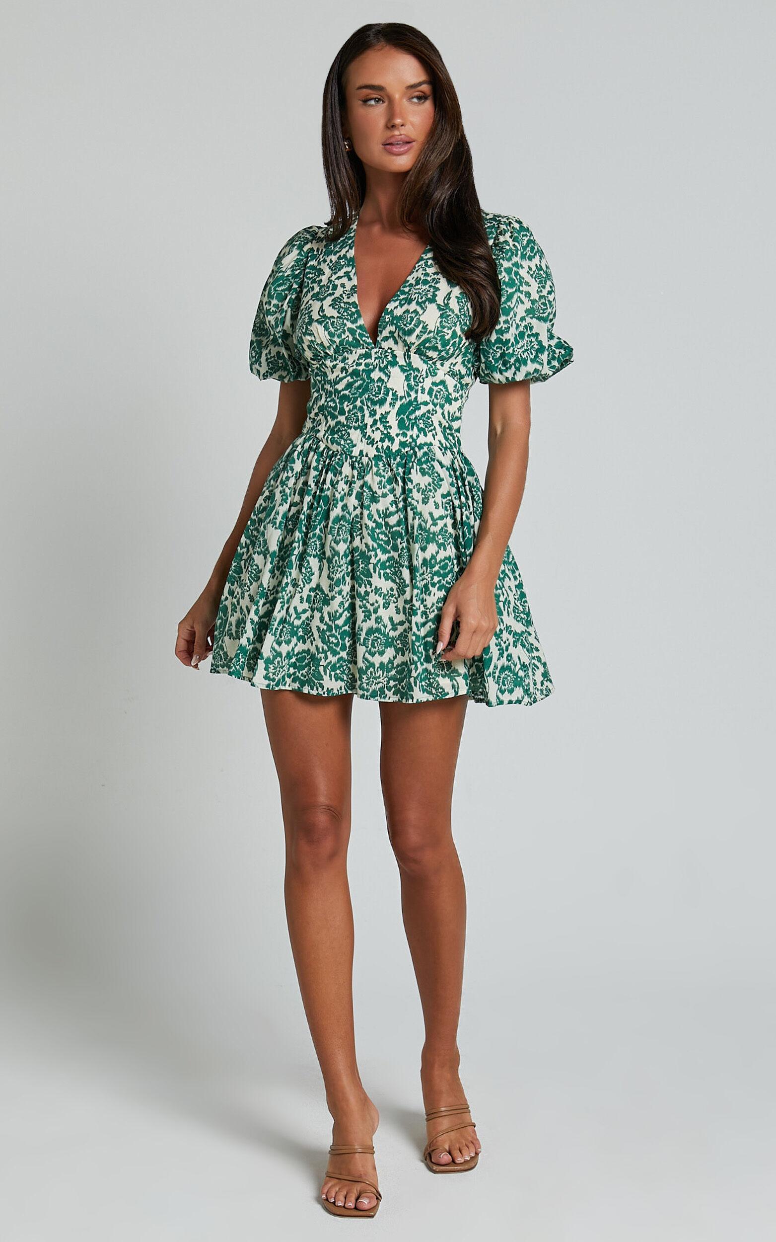 Nelli Mini Dress - Short Puff Sleeve Shirred Back Dress in Green Silhouette Product Image