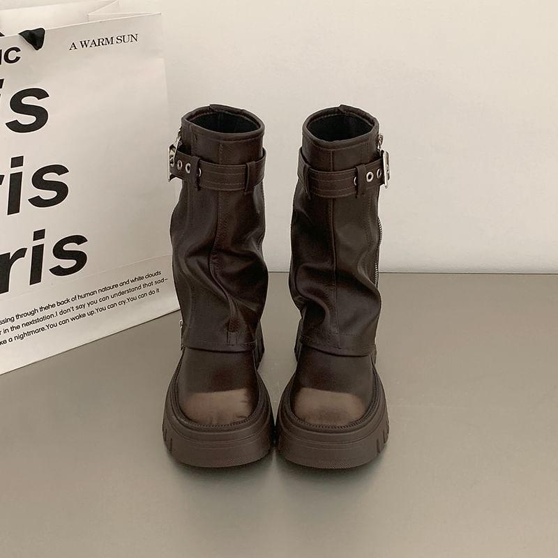 Buckled Platform Chunky Heel Mid-Calf Boots Product Image