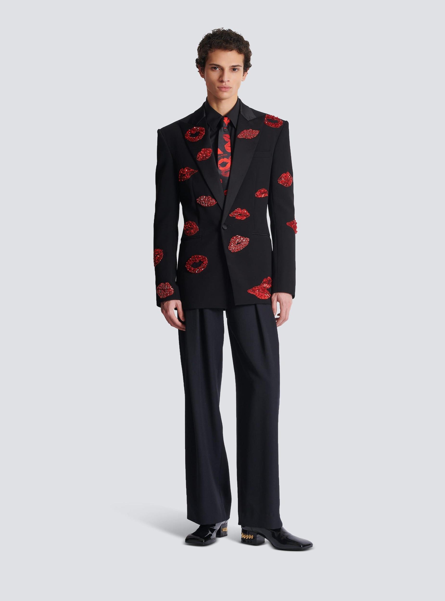 Crepe 1-button jacket with Kiss embroidery Product Image