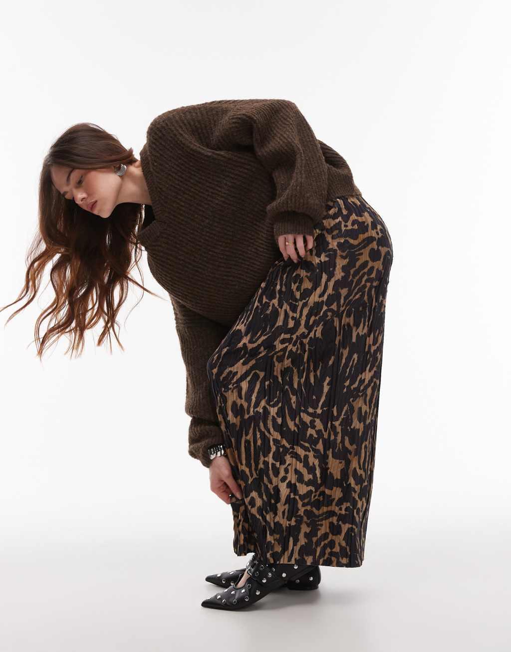 Topshop abstract animal plisse midaxi skirt in multi Product Image
