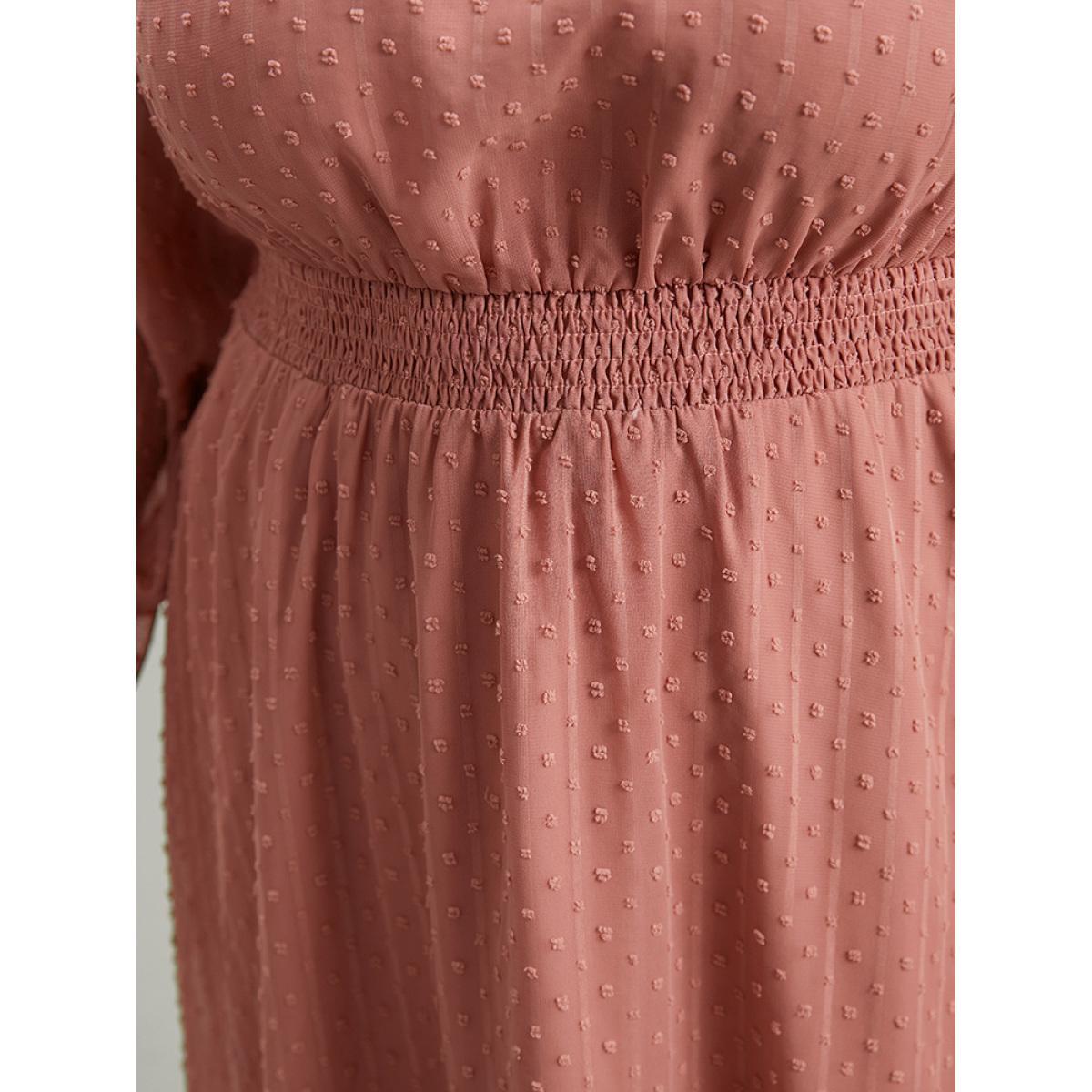 Plus Size Polka Dot Shirred Mock Neck Dress DustyPink Women Elegant Elastic cuffs Mock Neck Long Sleeve Curvy Midi Dress BloomChic 14-16/1X Product Image