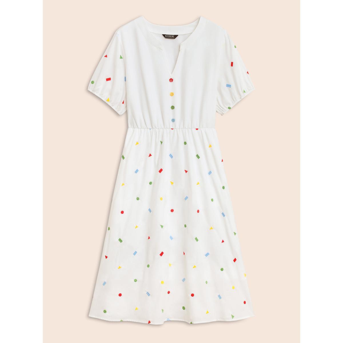 Plus Size Cotton Confetti Print Elastic Waist Midi Dress Originalwhite Women Elegant Gathered Notched collar Short sleeve Curvy BloomChic 22-24/3X Product Image
