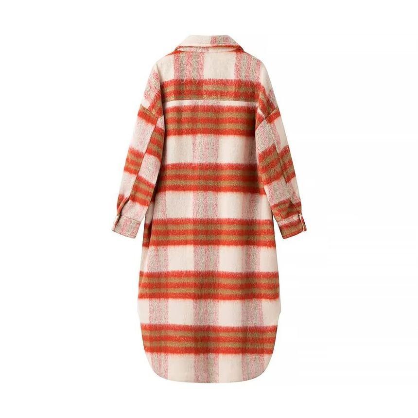 Long Sleeve Collared Plaid Midi A-Line Shirt Dress Product Image