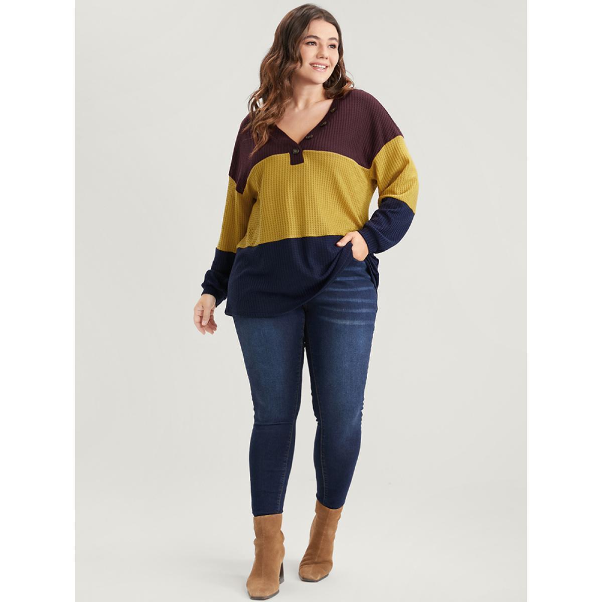 Plus Size Colorblock Contrast Button Detail Waffle Knit Sweatshirt Women Multicolor Casual Patchwork V-neck Dailywear Sweatshirts BloomChic 26/4X Product Image