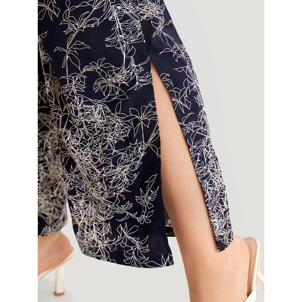 Plus Size Graphic Print Shirred Split Side Tassels Ties Pants Women Indigo Elegant Straight Leg High Rise Dailywear Pants BloomChic 30/6X Product Image