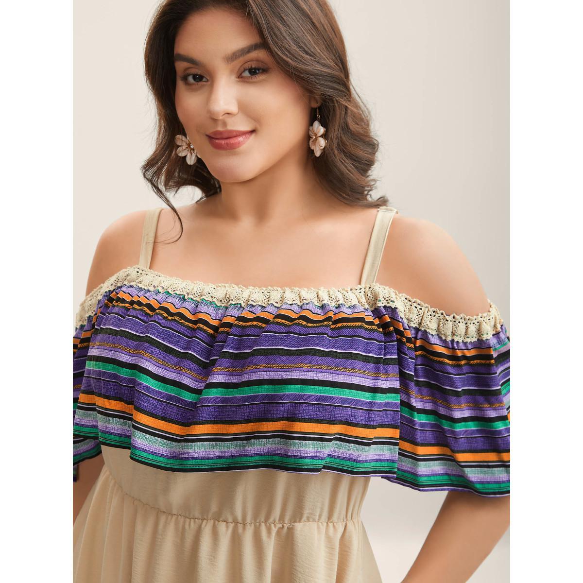 Plus Size Cold-Shoulder Textured Striped Pockets Midi Dress Apricot Women One-shoulder neck Sleeveless Curvy BloomChic 14-16/1X Product Image