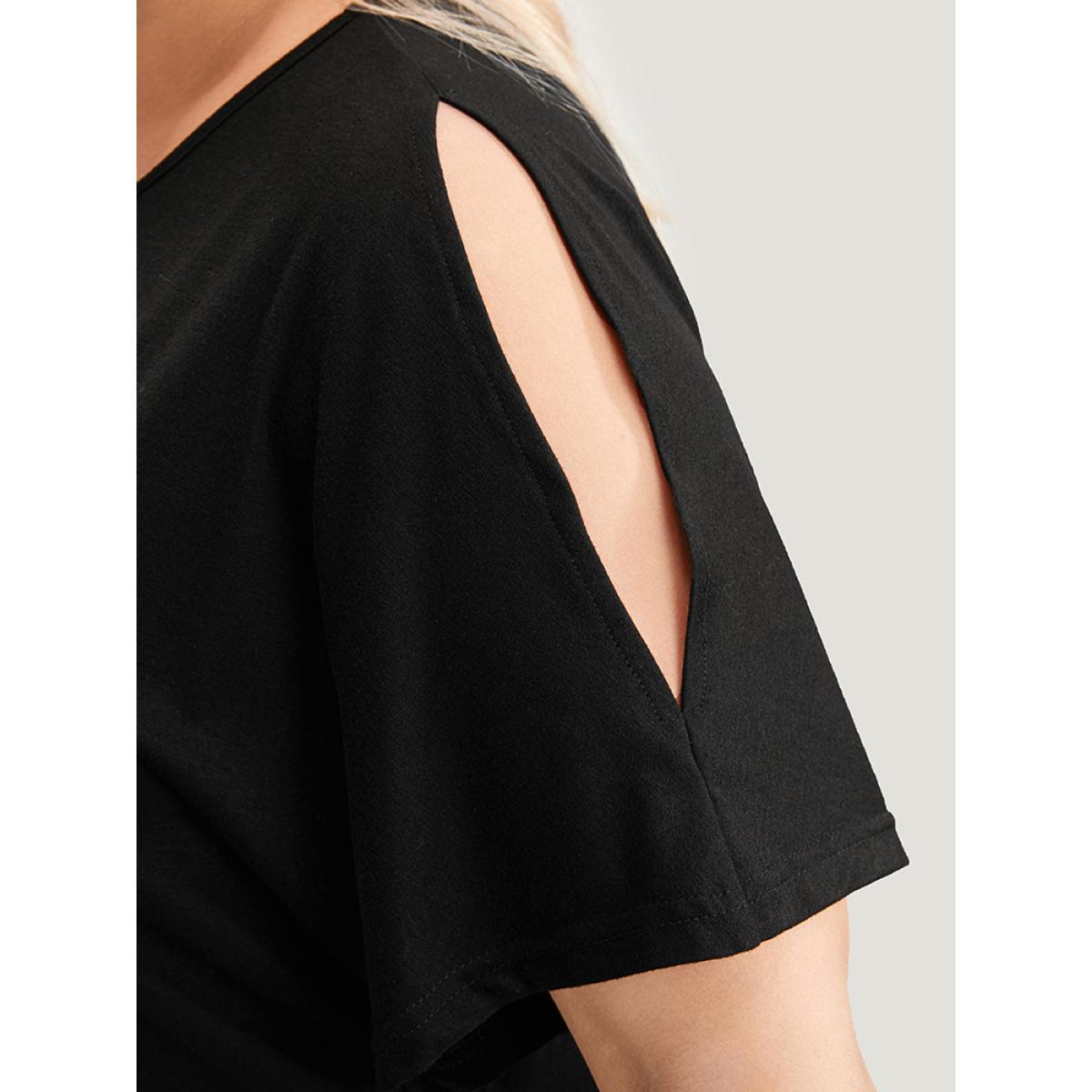 Plus Size Graphic & Letter Print Dolman Sleeve Pocket Cold Shoulder Tee Dress Black Women Casual Printed Curvy Knee Dress BloomChic 30/6X Product Image