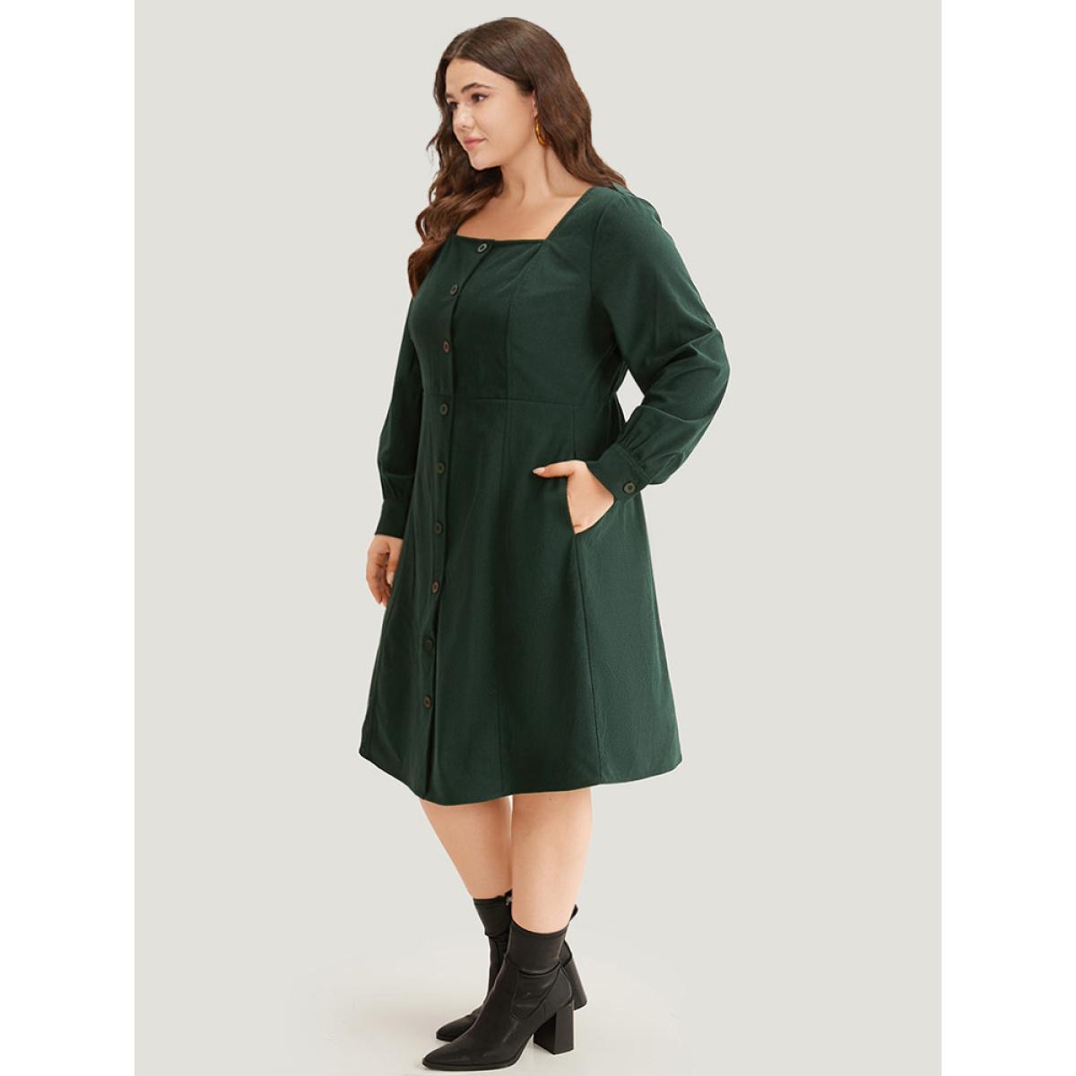 Plus Size Corduroy Plain Pocket Button Detail Dress DarkGreen Women Elegant Gathered Square Neck Long Sleeve Curvy Midi Dress BloomChic 14-16/1X Product Image