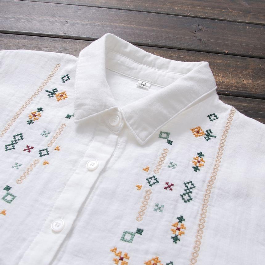 Long Sleeve Lapel Neck Embroidered Shirt Product Image