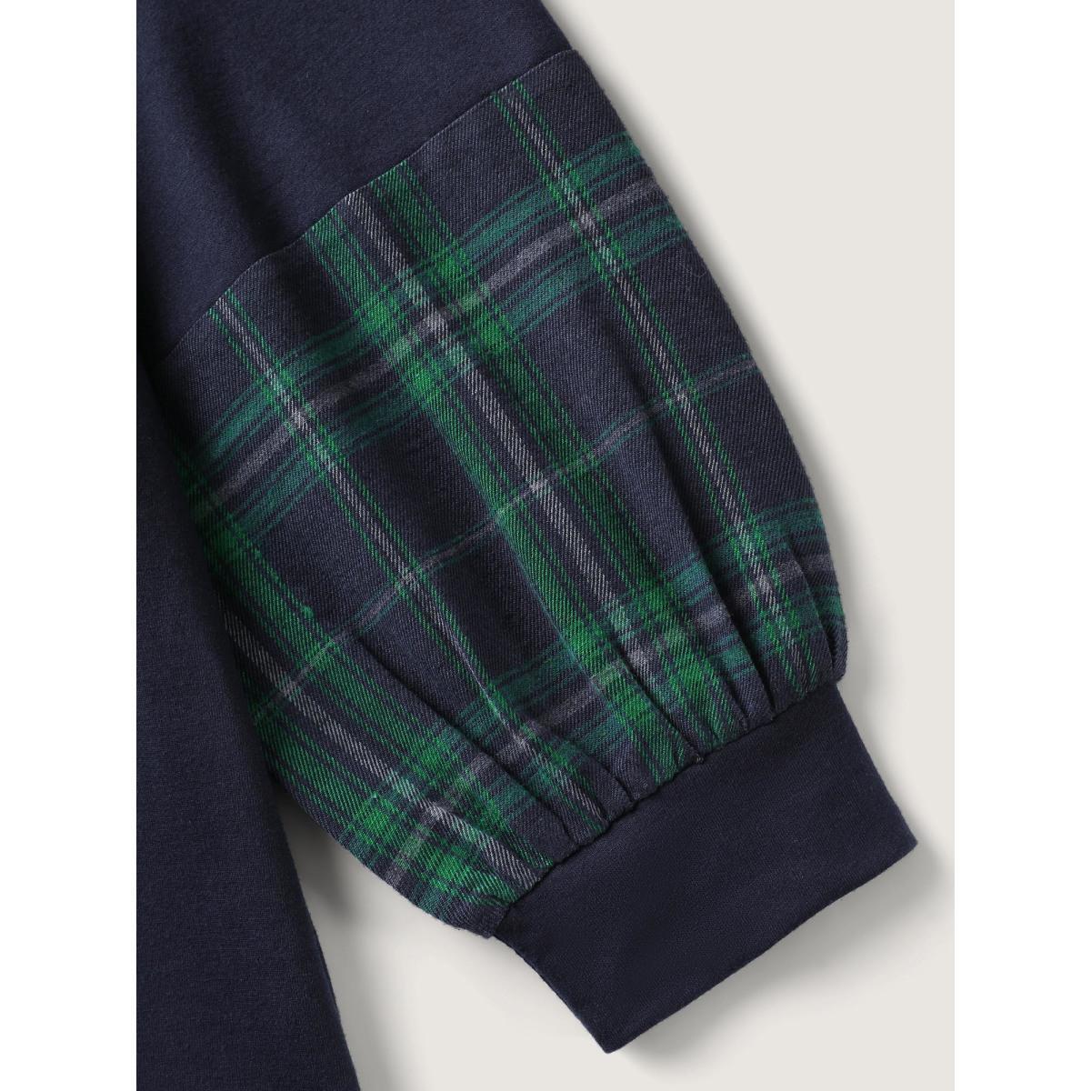 Plus Size Plaid Sleeve Color Contrast Sweatshirt Women Indigo Contrast Loose V-neck Everyday-Casual Sweatshirts BloomChic 14-16/1X Product Image