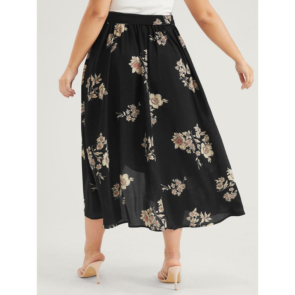 Plus Size Floral Knotted Elastic Waist Wrap Split Skirt Women Black Elegant Printed No stretch Belt Dailywear Skirts BloomChic 10/M Product Image