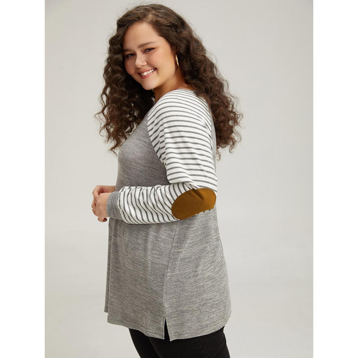 Plus Size Striped Raglan Sleeve Patched Split Side T-shirt Gray Women Casual Contrast Striped Round Neck Dailywear T-shirts BloomChic 28/5X Product Image