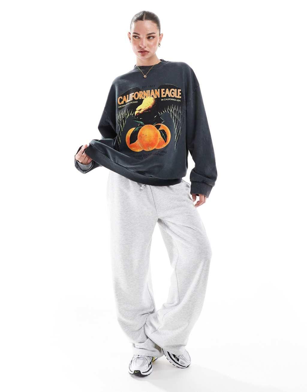 ASOS DESIGN Californian eagle graphic sweatshirt in washed charcoal Product Image