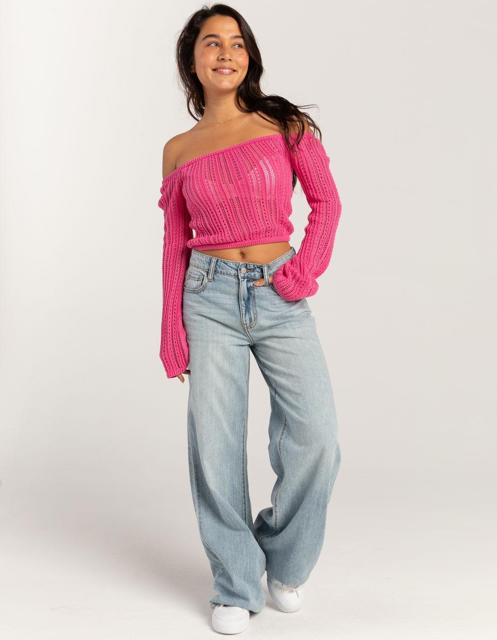 RSQ Womens Linear Stitch Off The Shoulder Sweater - PINK Product Image
